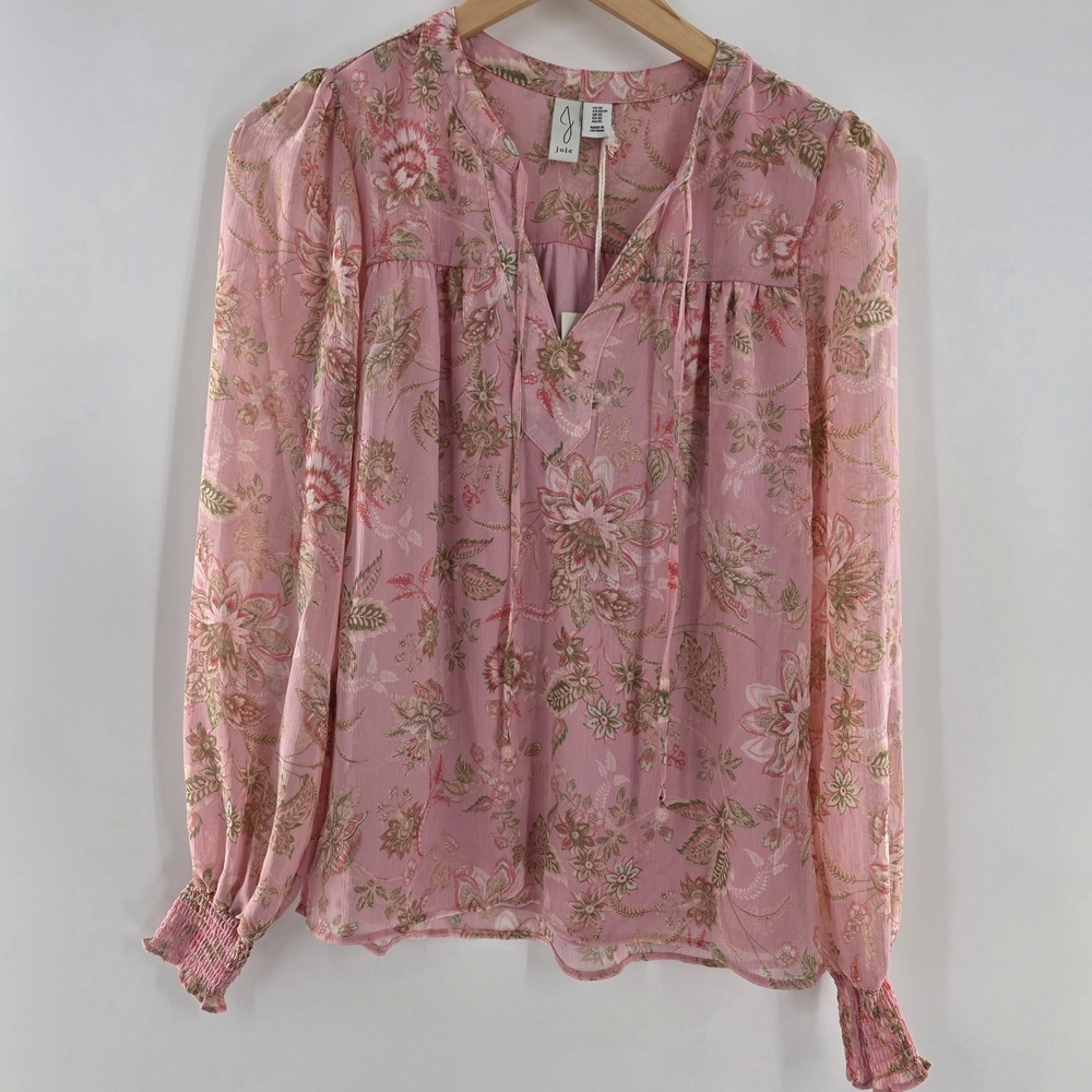Joie Pink Floral Tie-Neck Long Sleeve Lightweight Blouse Womens Size XSmall